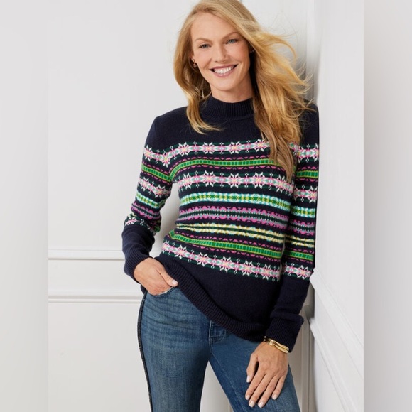 Talbots NEW Merry Fairl Isle MOCKNECK SWEATER Navy Pink size PL Nordic - Picture 1 of 13